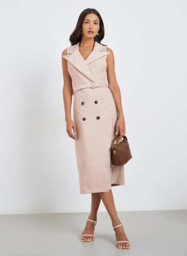 Pleated Sleeveless Blazer Midi Dress