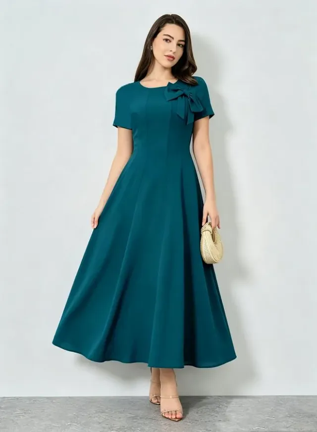 Blue Bow Detail A-Line Midi Dress