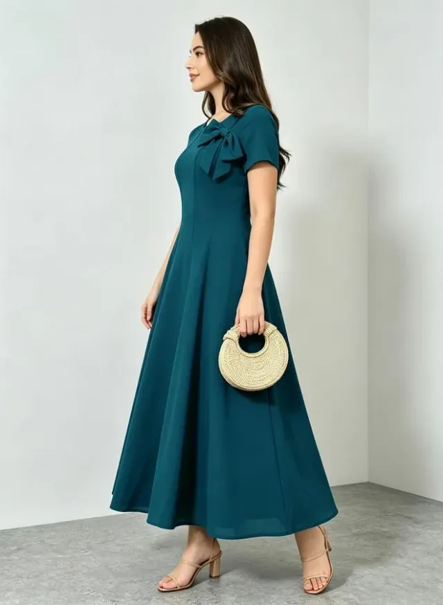 Blue Bow Detail A-Line Midi Dress – image 3