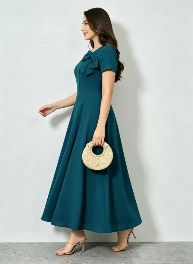 Blue Bow Detail A-Line Midi Dress – image 4