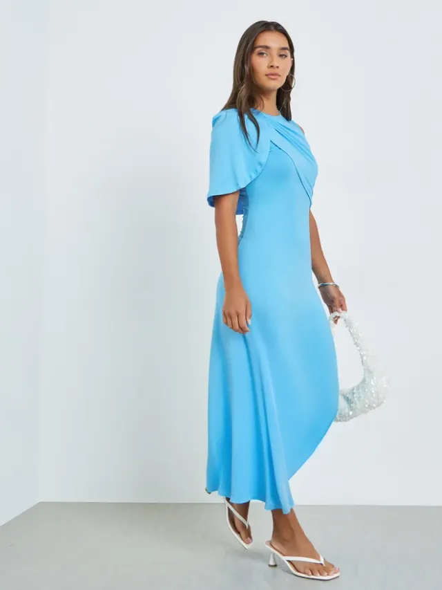 Brown Asymmetric Neck Draped Bodycon Maxi Dress