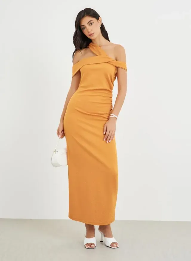 Brown Asymmetric Neck Draped Bodycon Maxi Dress
