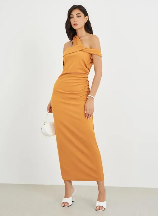 Brown Asymmetric Neck Draped Bodycon Maxi Dress – image 2