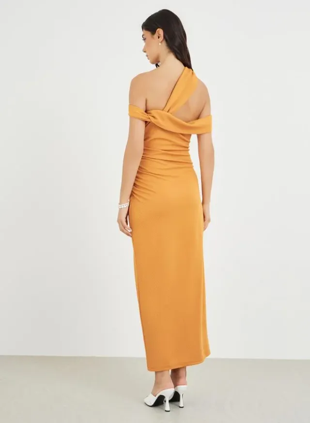 Brown Asymmetric Neck Draped Bodycon Maxi Dress – image 5