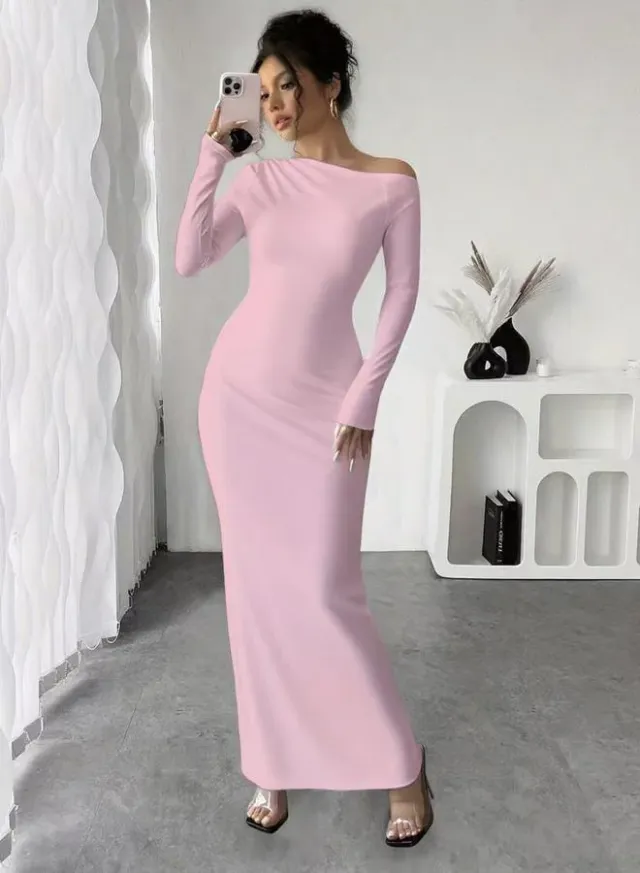 Brown Asymmetric Neck Draped Bodycon Maxi Dress
