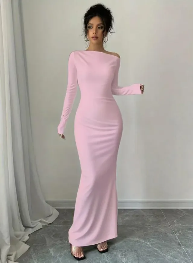 Brown Asymmetric Neck Draped Bodycon Maxi Dress – image 2