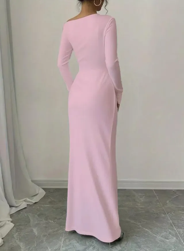 Brown Asymmetric Neck Draped Bodycon Maxi Dress – image 3