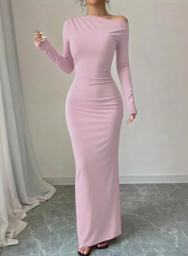 Brown Asymmetric Neck Draped Bodycon Maxi Dress – image 4