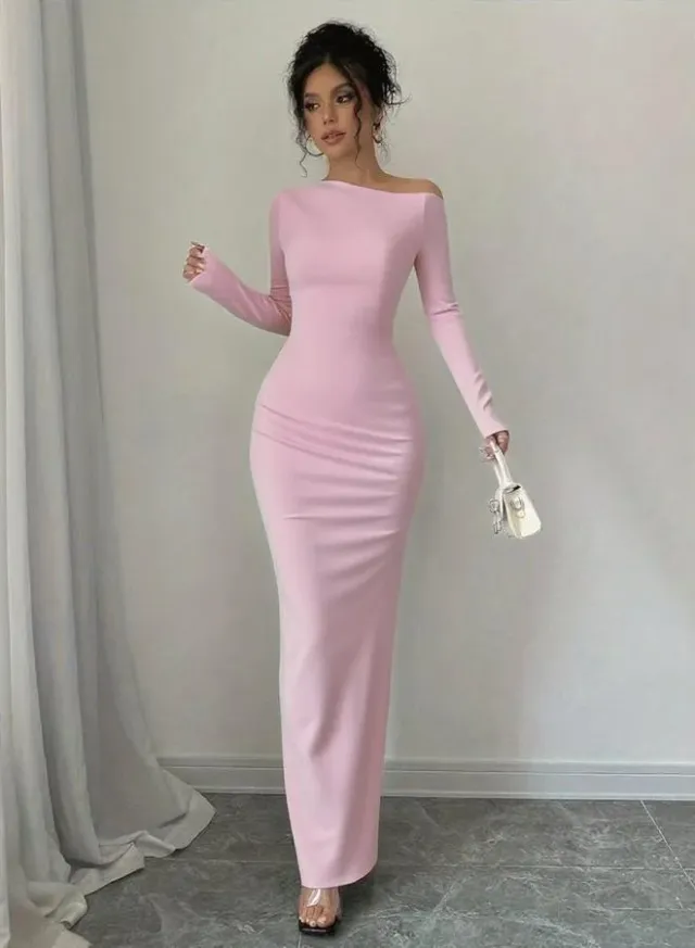 Brown Asymmetric Neck Draped Bodycon Maxi Dress – image 5