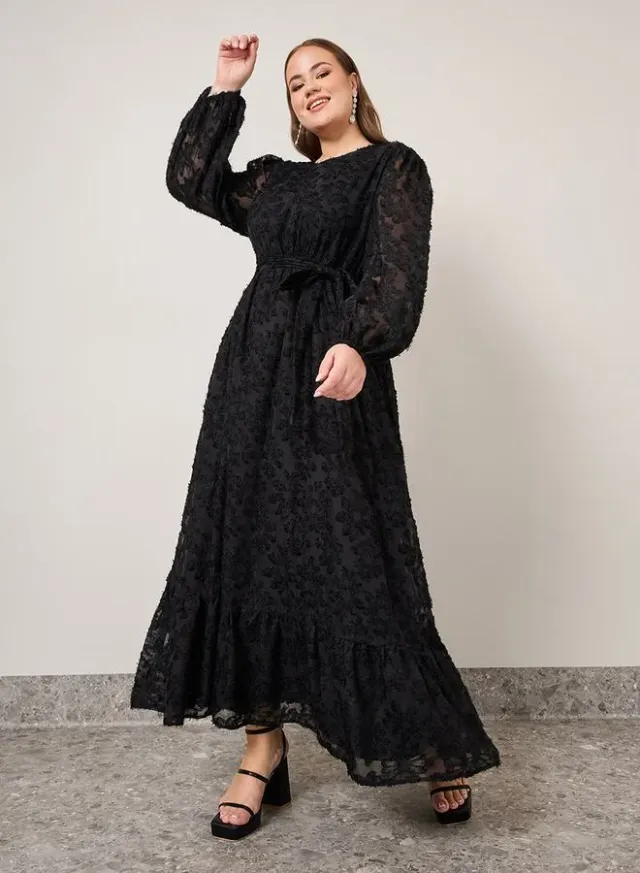 Plus Size Satin A-Line Maxi Dress with Belt