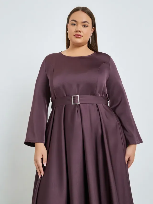 Plus Size Satin A-Line Maxi Dress with Belt – image 2