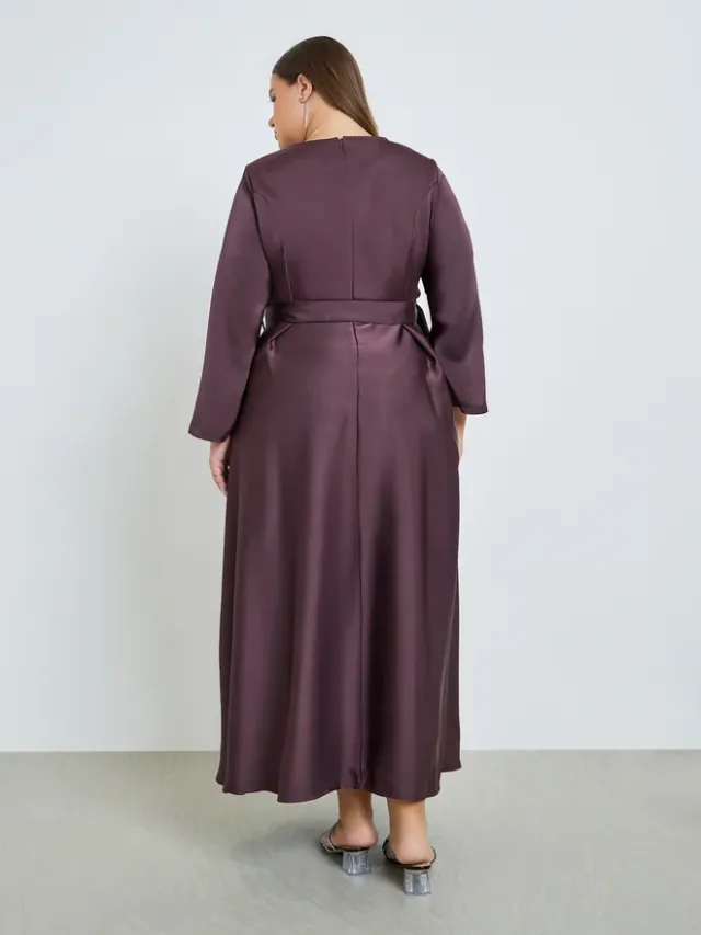 Plus Size Satin A-Line Maxi Dress with Belt – image 5