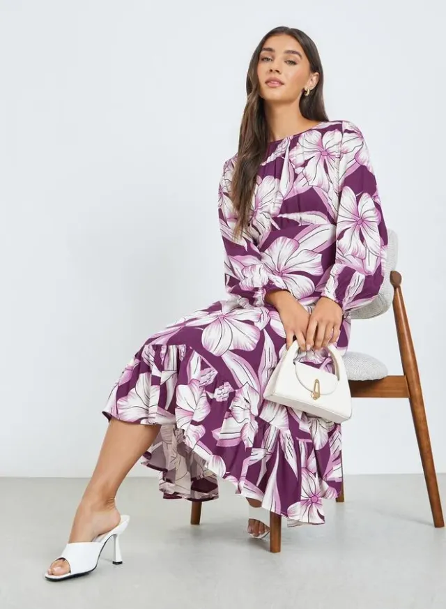 Purple Floral Midi Dress with Long Sleeves