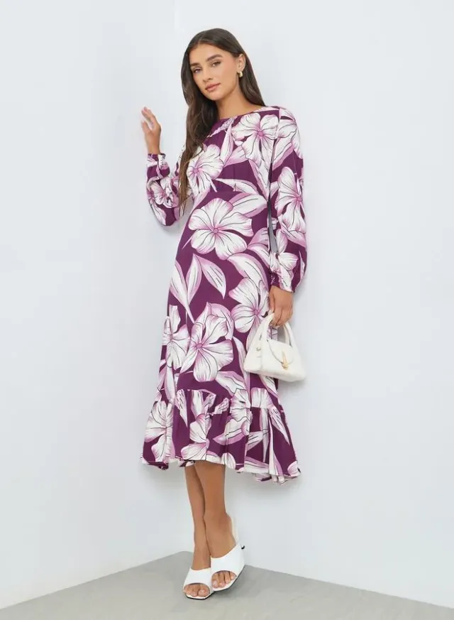 Purple Floral Midi Dress with Long Sleeves – image 2