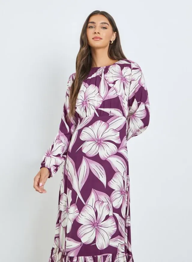 Purple Floral Midi Dress with Long Sleeves – image 3