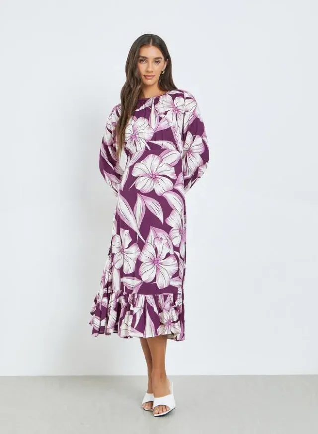 Purple Floral Midi Dress with Long Sleeves – image 4