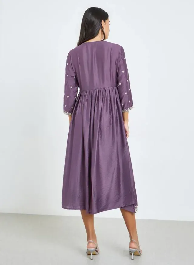 Purple Embroidery A-Line Midi Dress with 3/4th Sleeves – image 5