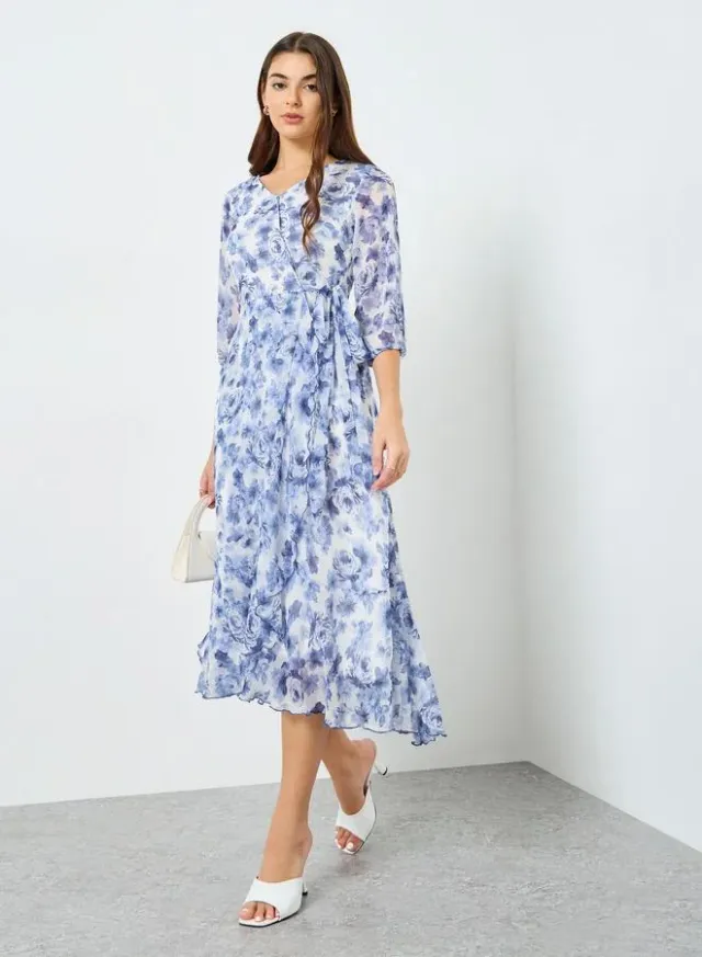 Purple Embroidery A-Line Midi Dress with 3/4th Sleeves – image 2