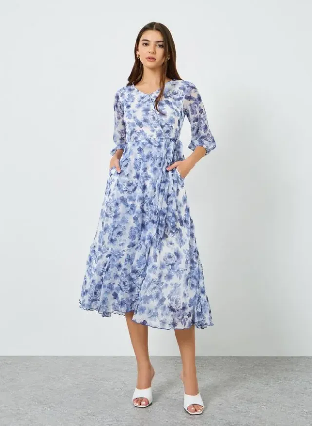 Purple Embroidery A-Line Midi Dress with 3/4th Sleeves – image 5