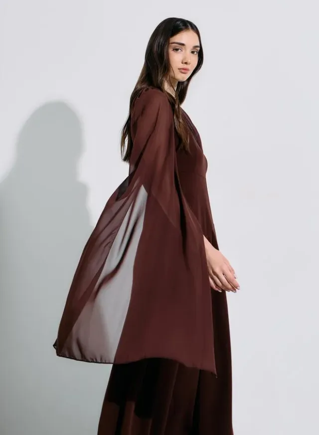 Brown Solid Cape Sleeves A-Line Midi Dress