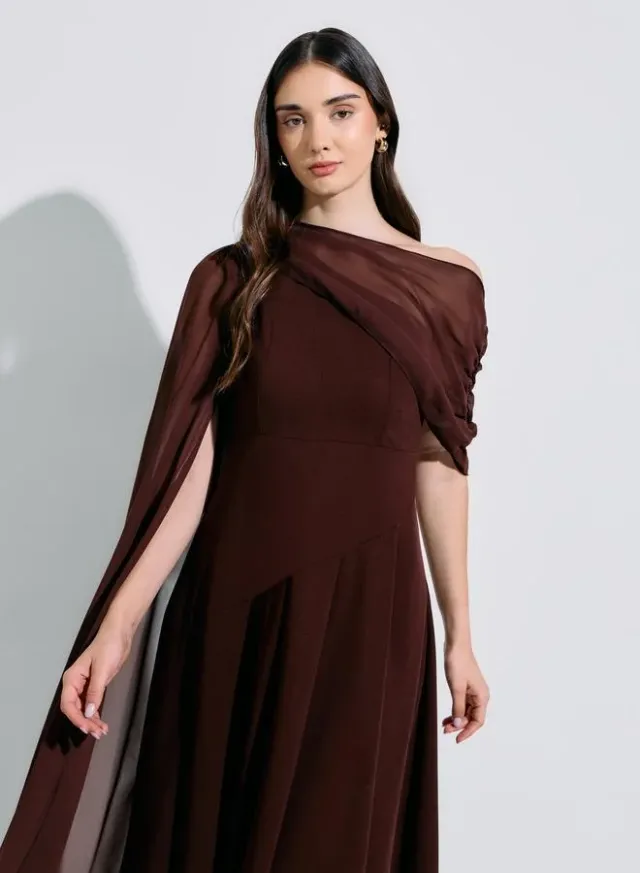 Brown Solid Cape Sleeves A-Line Midi Dress – image 3