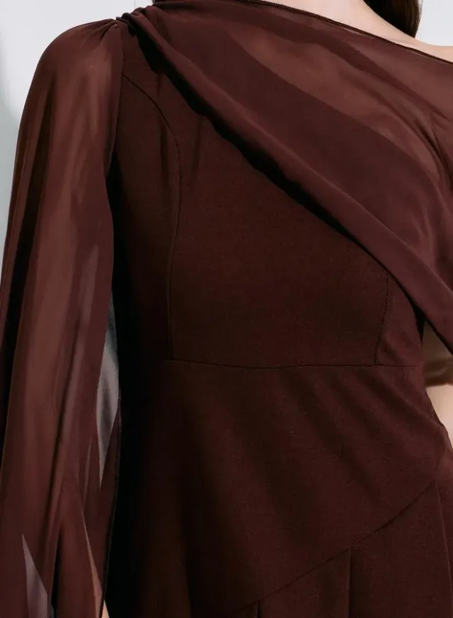 Brown Solid Cape Sleeves A-Line Midi Dress – image 4