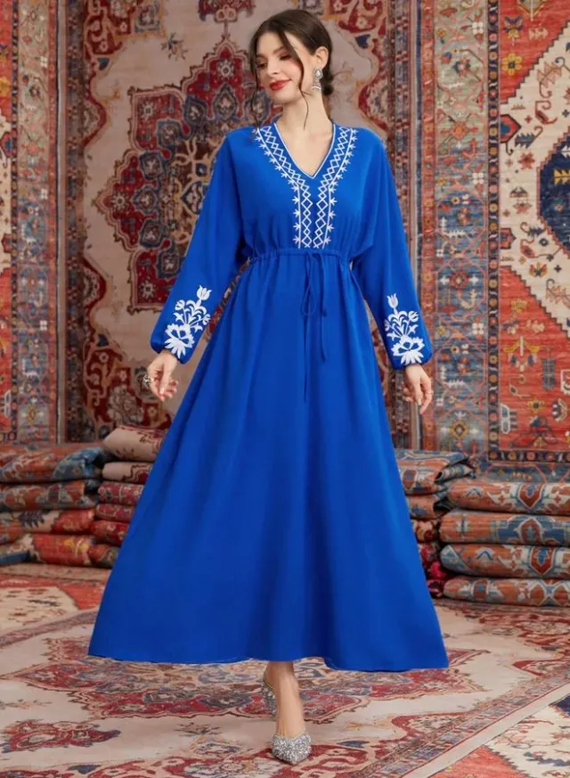 Acid Blue Embroidered Tie -Up Detail A-Line Maxi Dress