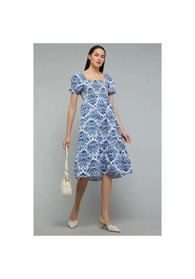 Patterned A-Line Dress with Square Neck An