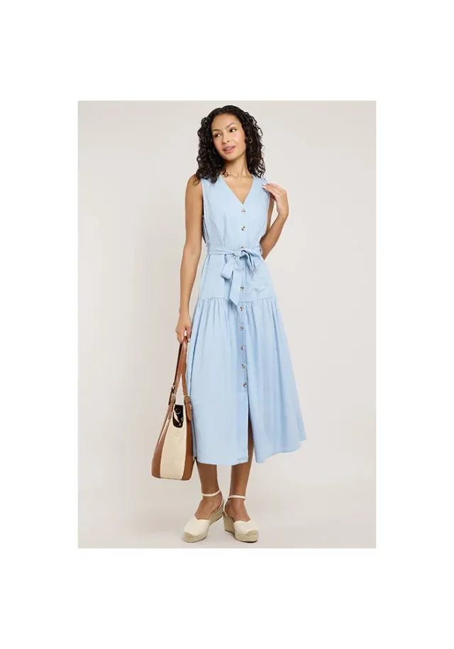 Solid Sleeveless Midi Dress with V-Neck