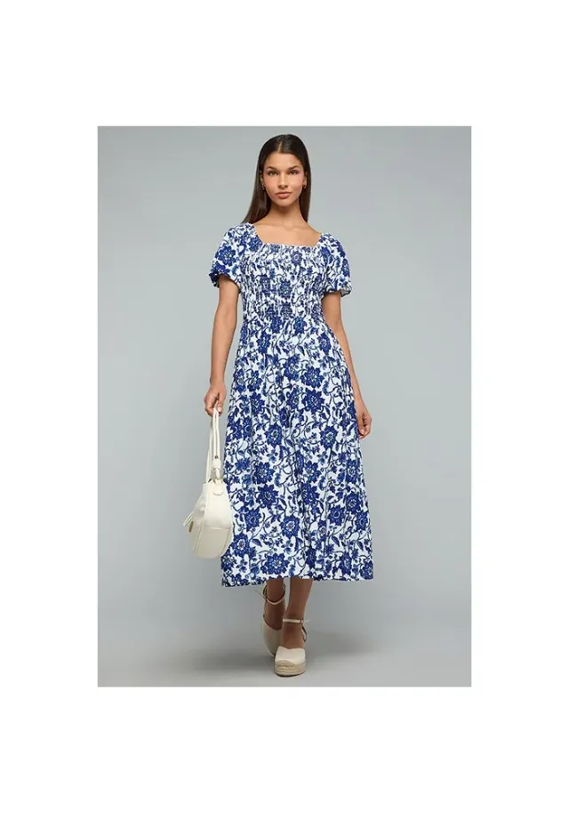 Printed Flared Dress with Square Neck and Puff Sleeves