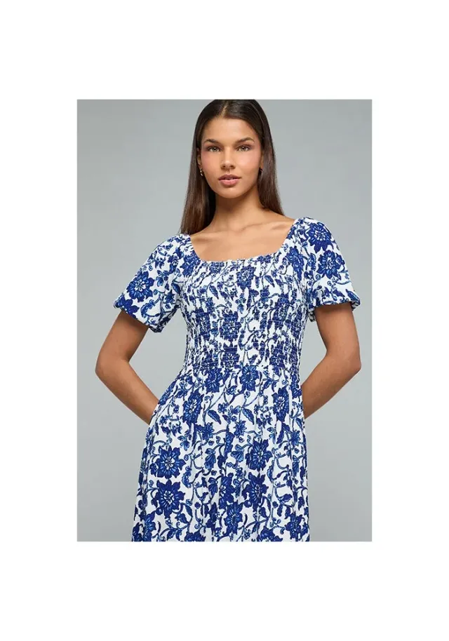 Printed Flared Dress with Square Neck and Puff Sleeves – صورة 2