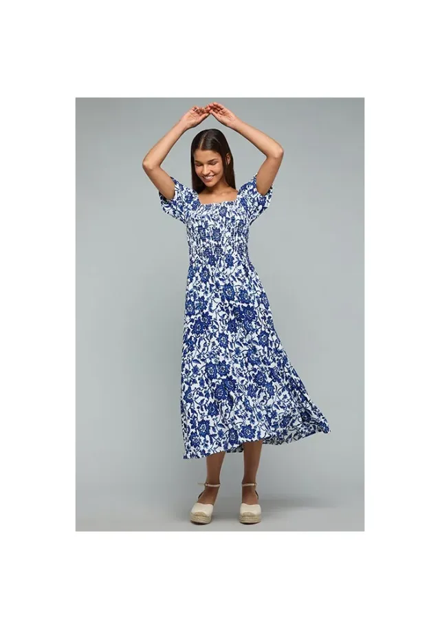 Printed Flared Dress with Square Neck and Puff Sleeves – صورة 3
