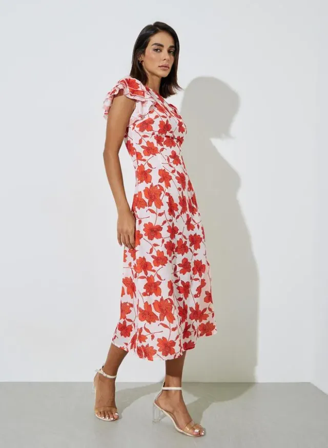Multi-Color Floral Print Ruffle Sleeves Midi Dress – image 3
