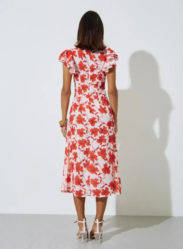 Multi-Color Floral Print Ruffle Sleeves Midi Dress – image 5
