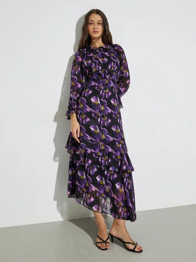 Styli Purple Floral Print Long Sleeves Maxi Dress