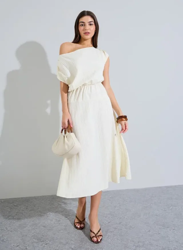 Beige Textured One Shoulder Neck A-Line Midi Dress