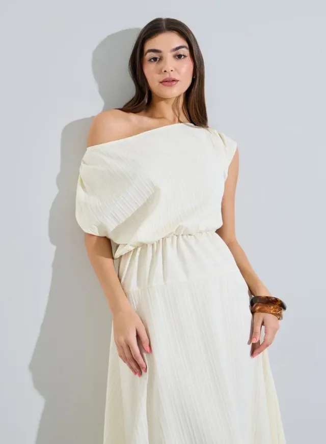 Beige Textured One Shoulder Neck A-Line Midi Dress – image 2