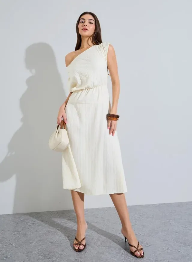 Beige Textured One Shoulder Neck A-Line Midi Dress – image 3