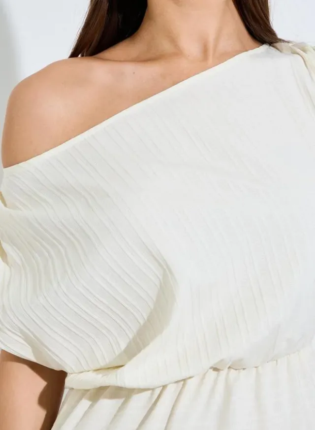 Beige Textured One Shoulder Neck A-Line Midi Dress – image 4