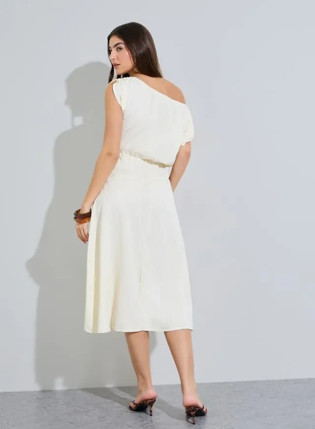 Beige Textured One Shoulder Neck A-Line Midi Dress – image 5