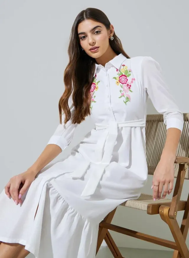White Embroidered 3/4 Sleeves Shirt Midi Dress