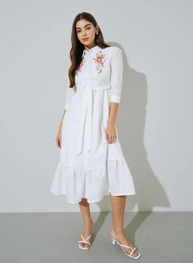 White Embroidered 3/4 Sleeves Shirt Midi Dress – image 2