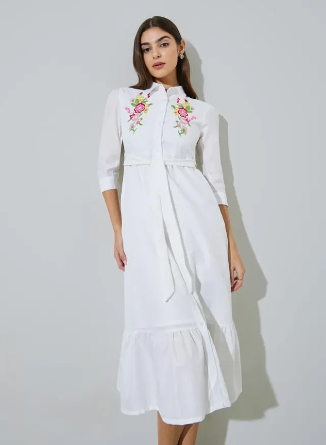 White Embroidered 3/4 Sleeves Shirt Midi Dress – image 3