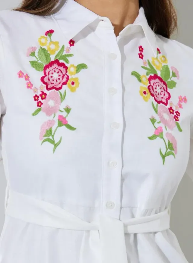White Embroidered 3/4 Sleeves Shirt Midi Dress – image 4