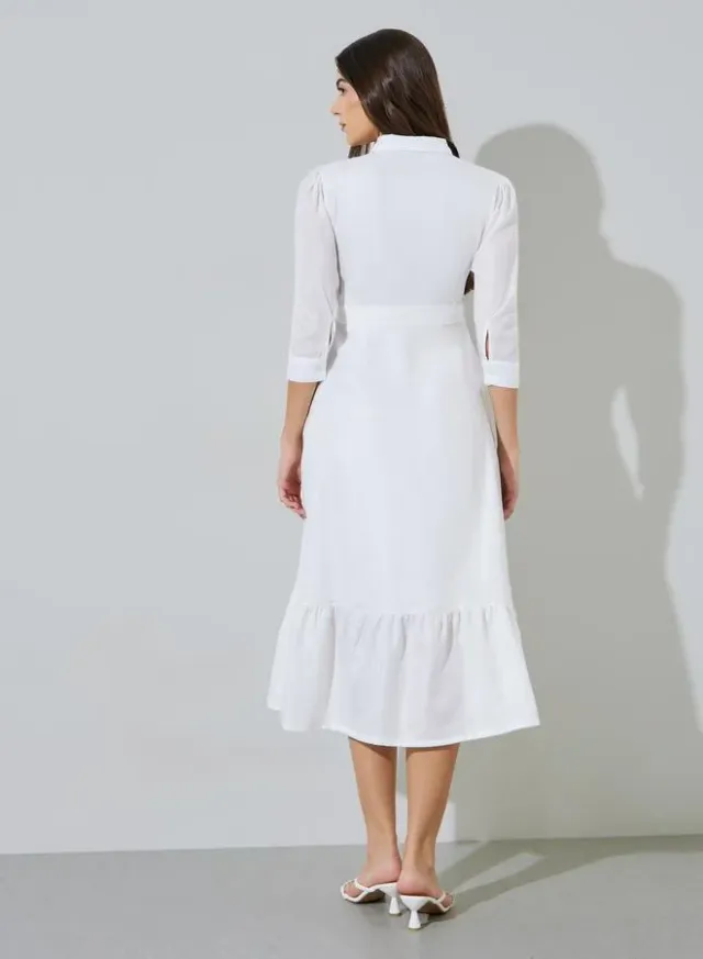 White Embroidered 3/4 Sleeves Shirt Midi Dress – image 5