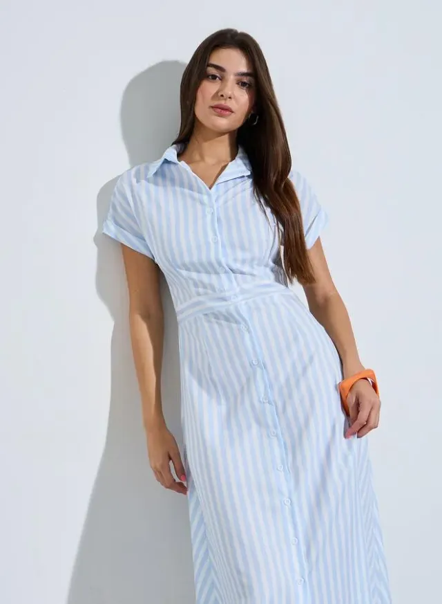 White Embroidered 3/4 Sleeves Shirt Midi Dress