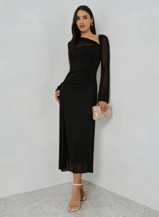 Black Asymmetric Neck Long Sleeve Maxi Dress