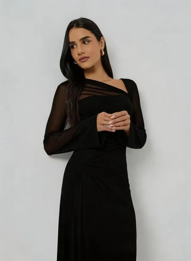 Black Asymmetric Neck Long Sleeve Maxi Dress – image 3
