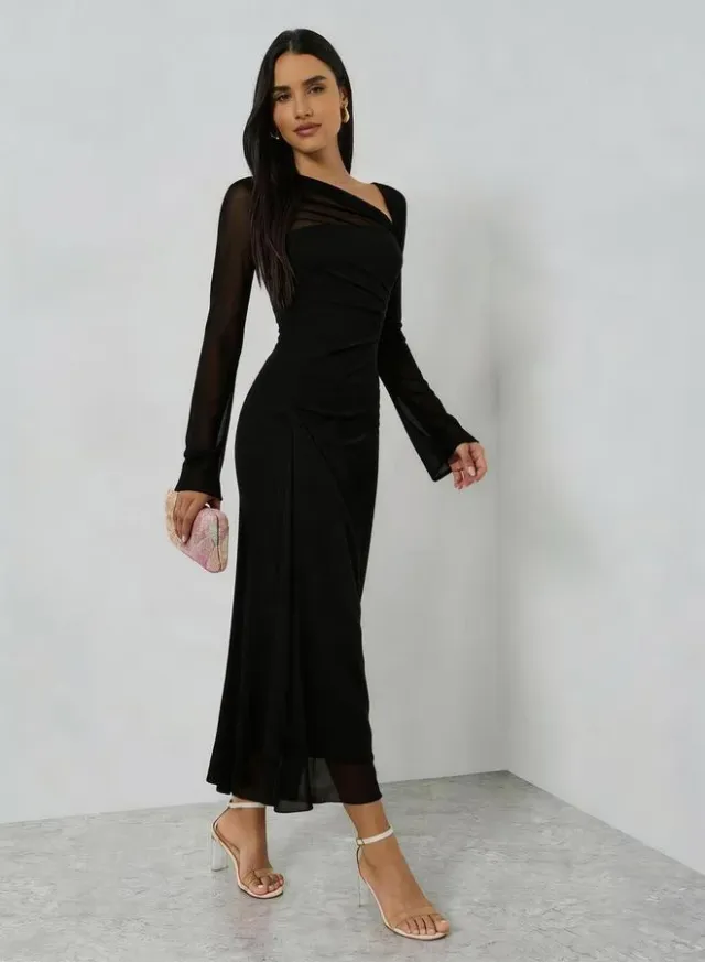 Black Asymmetric Neck Long Sleeve Maxi Dress – image 4