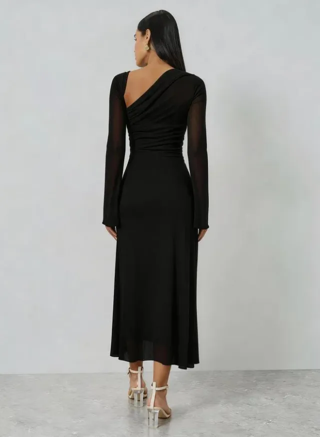 Black Asymmetric Neck Long Sleeve Maxi Dress – image 5